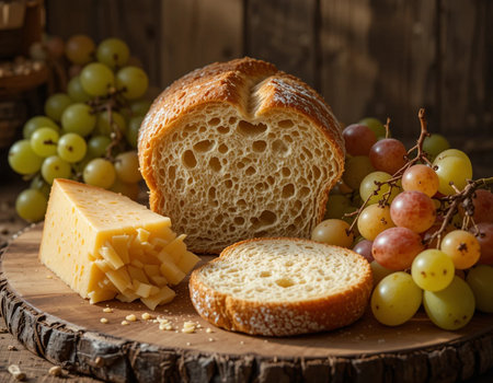 Grapes, cheese and bread on a wooden background. Selective focus.の素材