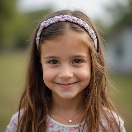 Portrait of a cute little girl smiling at the camera outdoors.の素材