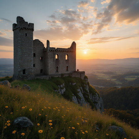 Ruins of medieval castle in the mountains at sunset. Beautiful summer landscape.の素材