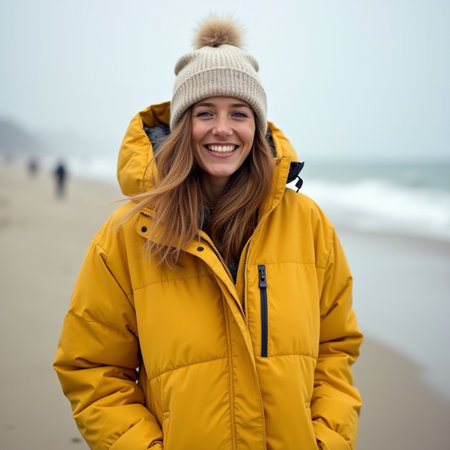 Portrait of a smiling young woman in a yellow jacket on the beachの素材