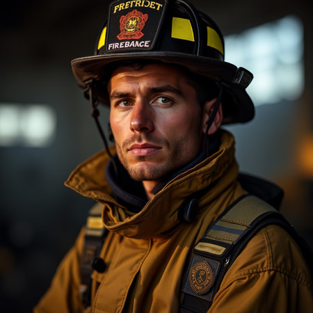Portrait of a firefighter in uniform standing in a fire station.の素材