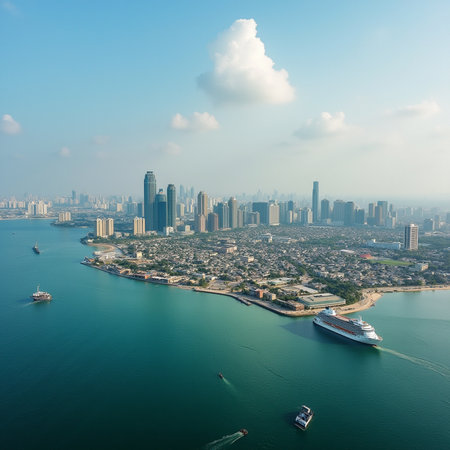 Aerial view of skyscrapers and coastline in Dubai, United Arab Emiratesの素材