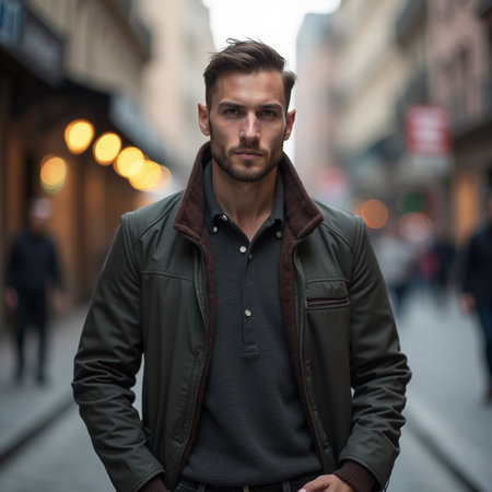 Portrait of a handsome young man in urban background. Men's beauty, fashion.の素材