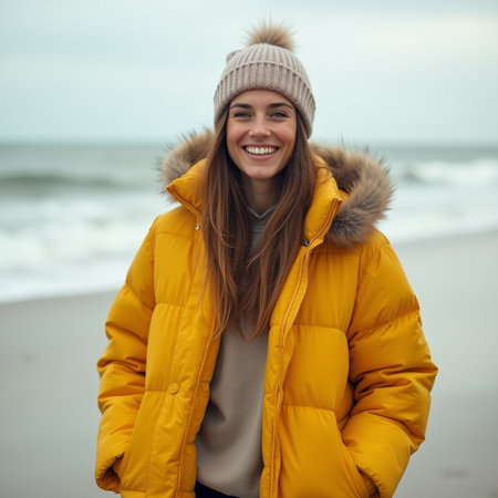 Portrait of a smiling young woman in yellow jacket on the beachの素材