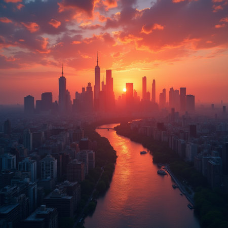 Shanghai city skyline at sunset, China. Shanghai is the capital of China.の素材