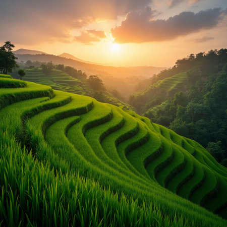 Green Terraced Rice Field in Pa Pong Piang, Mae Chaem, Chiang Mai, Thailandの素材