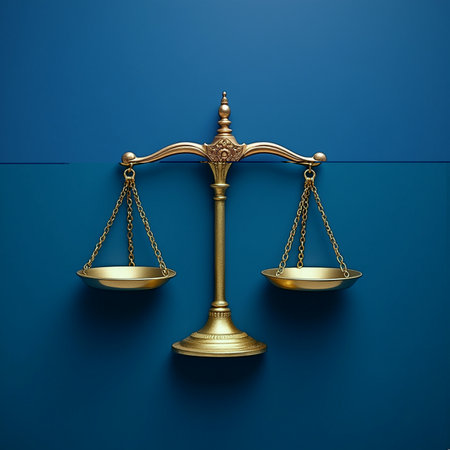 Balance scale on blue background. Law and justice concept. 3D Renderingの素材