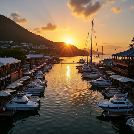 Sunset over a marina with yachts in the foregroundの素材