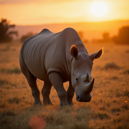 White rhinoceros (Ceratotherium simum) at sunset, South Africaの素材