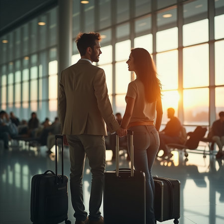 Businessman and businesswoman holding hands and looking at each other in the airportの素材