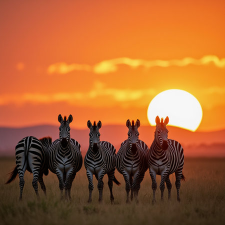 Group of zebras at sunset in Serengeti National Park, Tanzaniaの素材