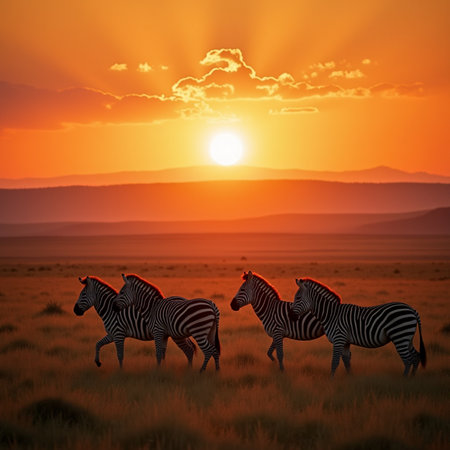 Three zebras in the grassland at sunset, 3d renderの素材