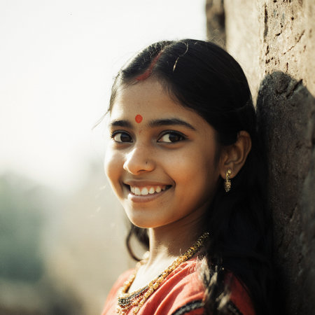 Young Indian girl smiling at the camera, closeup portrait.の素材