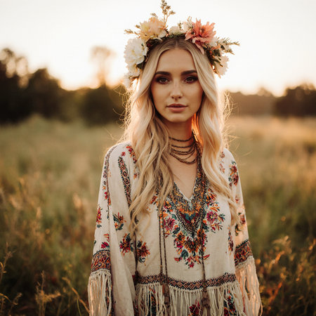 Beautiful hippie girl in a wreath of flowers on the field at sunsetの素材