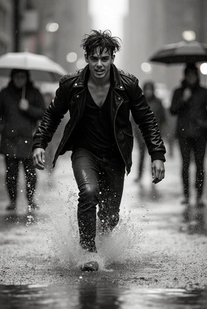 Handsome young man in black leather jacket running in heavy rainの素材