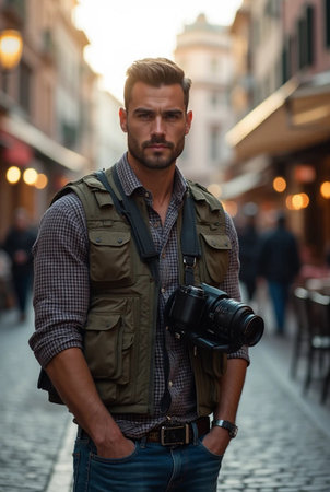 Portrait of a handsome young man with a camera on the streetの素材