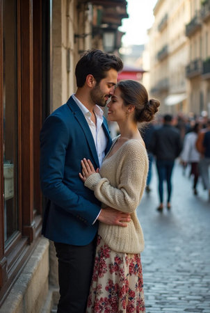 Beautiful young couple in love hugging and kissing on the street.の素材