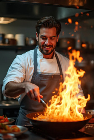 Chef cooking in a restaurant kitchen. Portrait of a handsome young man in a white apron at work.の素材