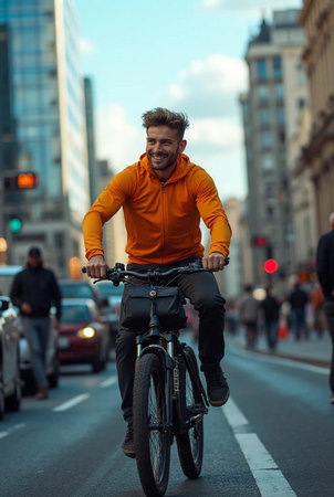 Handsome young man riding a bicycle in the city streets.の素材