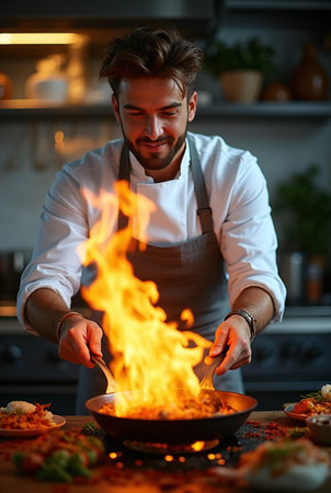 Handsome young man cooking in kitchen at home. Man holding fire.の素材