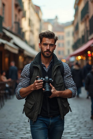 Handsome young man with beard and mustache in casual clothes holding a camera and looking at the camera while standing on the street.の素材