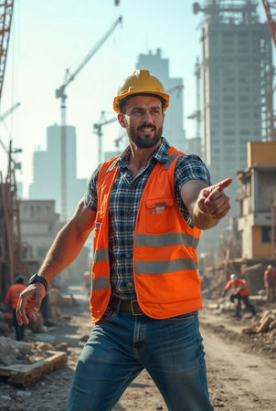 Portrait of a construction worker on the background of a construction siteの素材