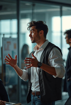 Confident businessman standing in office and looking away. Handsome young man in formalwear gesturing while standing in officeの素材