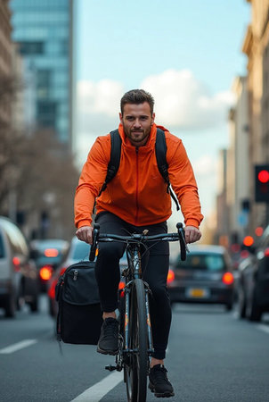 Handsome young man riding a bicycle on the street in Londonの素材