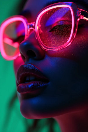 Close-up portrait of a beautiful young African American woman wearing sunglasses.の素材