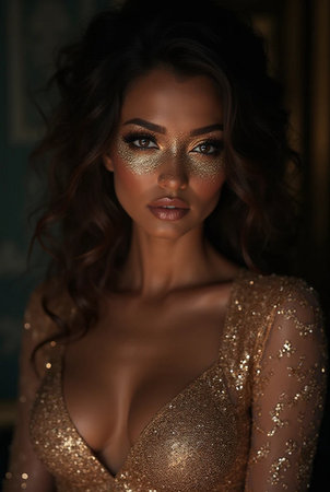 fashion interior photo of beautiful sexy woman with dark hair in luxurious dress and accessories posing in bedroomの素材