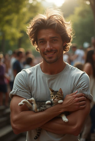 Handsome young man with a cat in his arms on the streetの素材