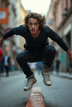Young man jumping on the street in European city. Urban lifestyle.の素材