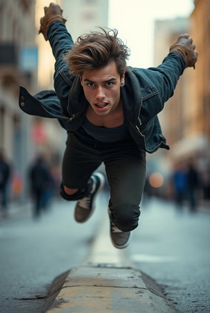 Portrait of a handsome young man jumping in the city streets.の素材
