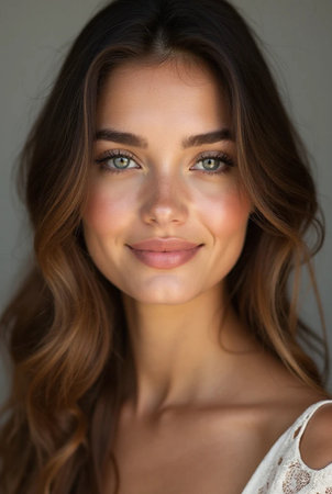 Portrait of a beautiful young woman with long brown hair and blue eyesの素材