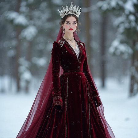 Portrait of a beautiful girl in a long red dress and a crown in the winter forestの素材