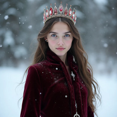 Portrait of a beautiful girl in a crown in the winter forestの素材
