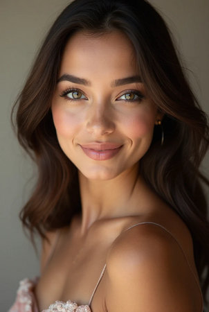 Portrait of a beautiful young woman with long brown hair smiling.の素材
