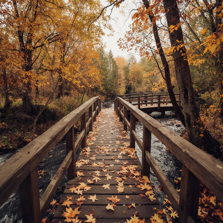 Wooden bridge over the river in the autumn forest with yellow leaves.の素材