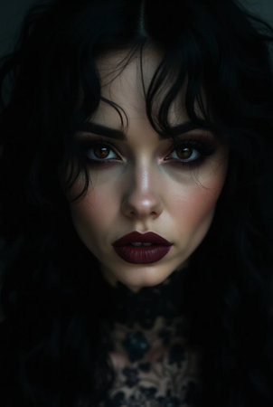 Portrait of a beautiful young woman with red lips and black hairの素材