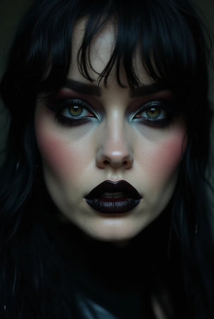 Portrait of a beautiful woman with black make-up and dark hairの素材