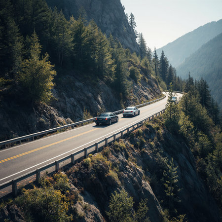 Cars driving on the road in the mountains. Car traveling.の素材