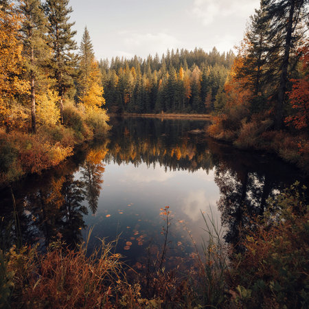 Autumn landscape with colorful forest and lake. Beautiful nature background.の素材