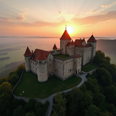 Beautiful medieval castle at sunrise. Aerial view. 3d renderの素材