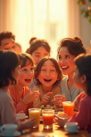 Group of children having fun together at table in cafe, closeupの素材