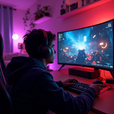 Young man playing online video games with headphones and computer at home.の素材