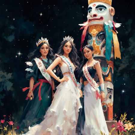 Three beautiful girls in white dresses and crowns on the background of ancient statues.の素材