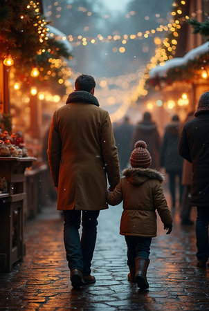Back view of father and little daughter walking on Christmas market in winterの素材
