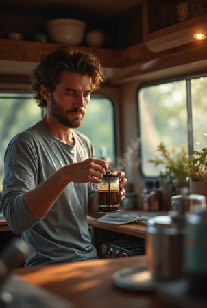 Handsome young man drinking coffee in the kitchen at home.の素材