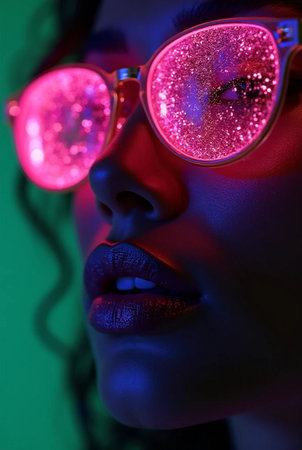 Close-up portrait of a beautiful woman with pink lips and disco glasses.の素材