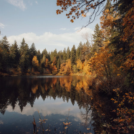 Autumn forest and lake. Colorful foliage on the trees.の素材